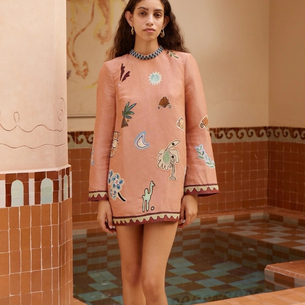 Alemais Laurence bead-embellished printed linen and silk-blend mini dress